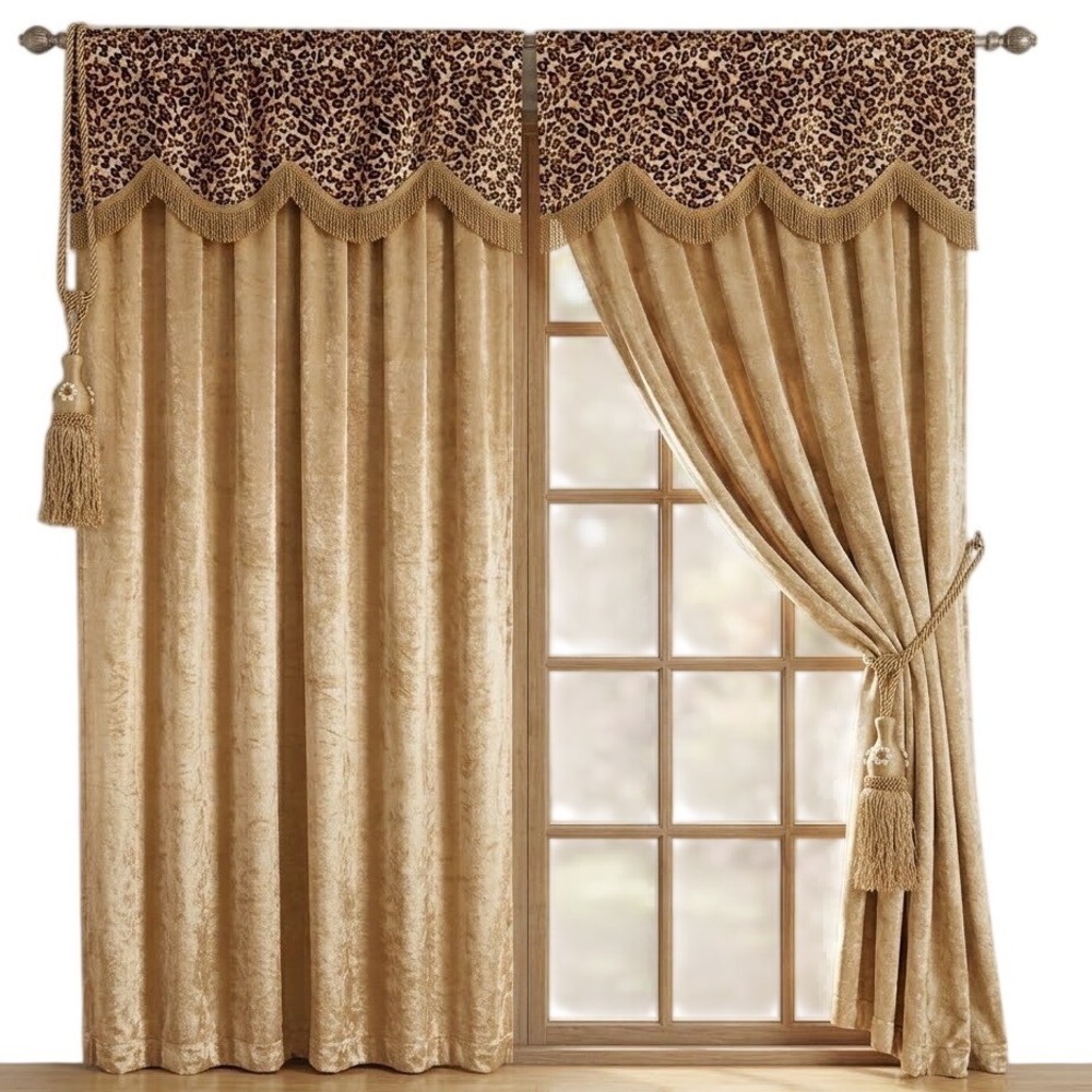 Y2K Leopard Print 2 Velvet Fringe Curtain Panels Tassel Tiebacks Tan 60x84 VTG